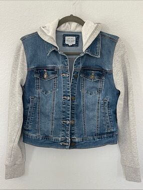 Wax Jean Denim Jacket Womens S Gray Hoodie Sweatshirt Sleeve Stretch Blue